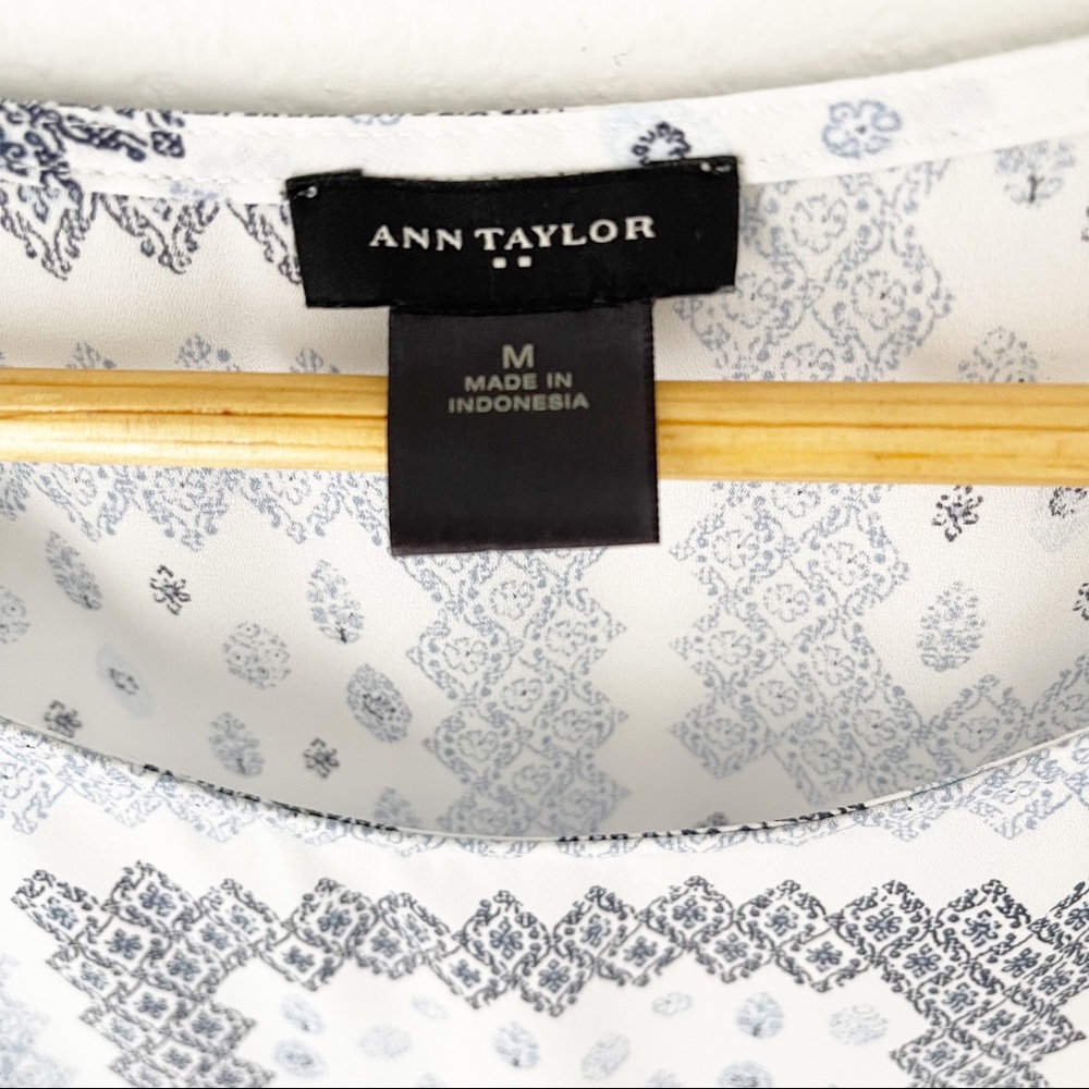 Ann Taylor Patterned Patchwork White Blue Top - image 5